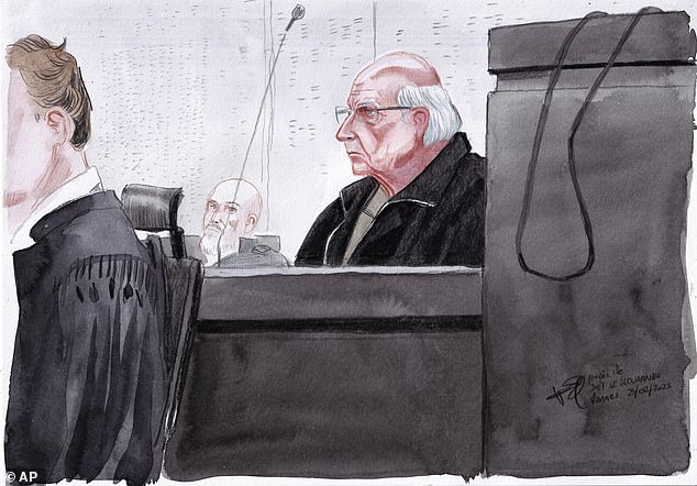 Judge Aude Burési, sitting at the Morbihan Criminal Court, in Vannes, Brittany, sentenced Le Scouarnec after he was found guilty of 111 rapes and 189 sexual assaults. Pictured: A court sketch of Joel Le Scouarnec