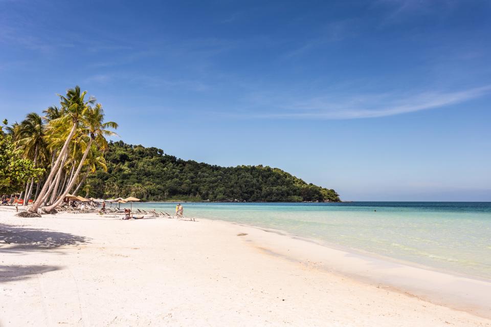 Bai Sao beach in Phu Quoc, Vietnam: white sand, palm trees, and turquoise water.