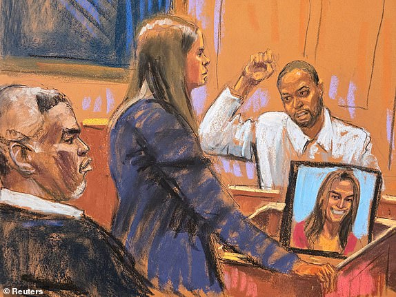 Sean "Diddy" Combs watches as prosecutor Maurene Comey questions celebrity stylist Deonte Nash, at Combs' sex trafficking trial in New York City, New York, U.S., May 28, 2025 in this courtroom sketch. REUTERS/Jane Rosenberg