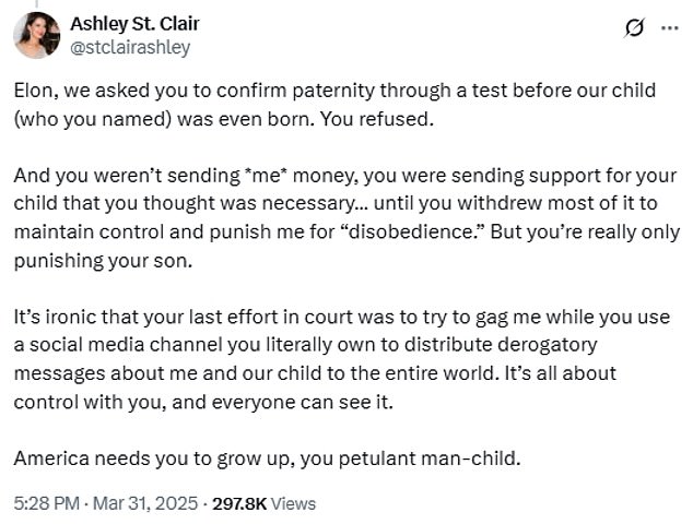 The two went back and forth on X on March 31 arguing about the child's paternity, with Elon airing out the cash he would send to her for the child
