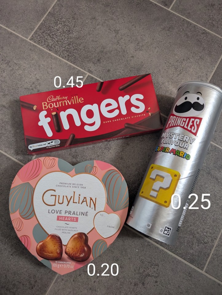 Photo of various chocolate and chip snacks with prices.