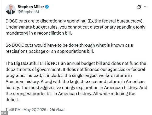 Musk called Trump's One Big Beautiful Bill Act a 'disappointment' because it 'undermined' the work he did at DOGE. The same day, Stephen Miller posted the above tweet to X