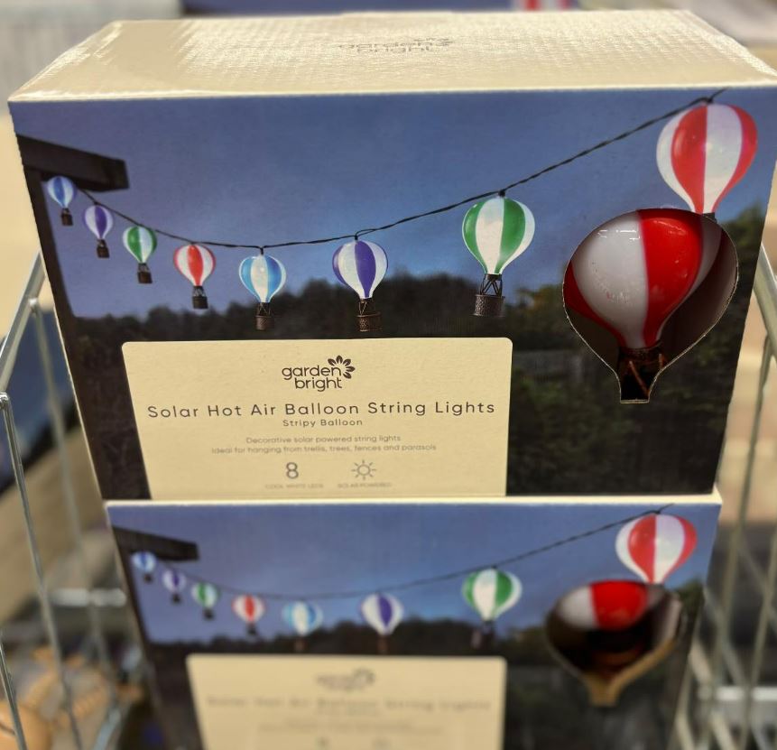 Box of solar-powered hot air balloon string lights.