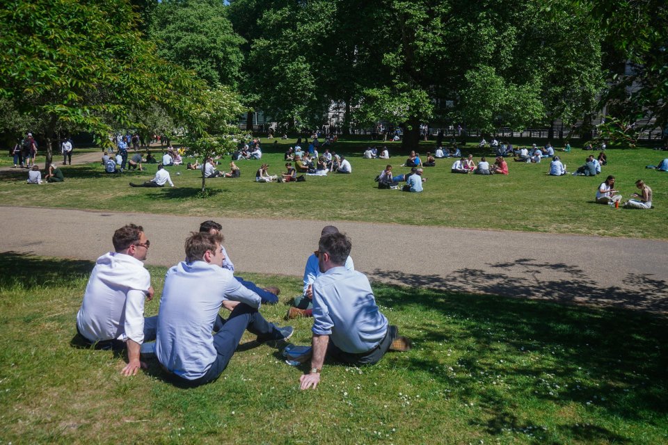 City workers relaxing on the grass in a park during their lunch break.