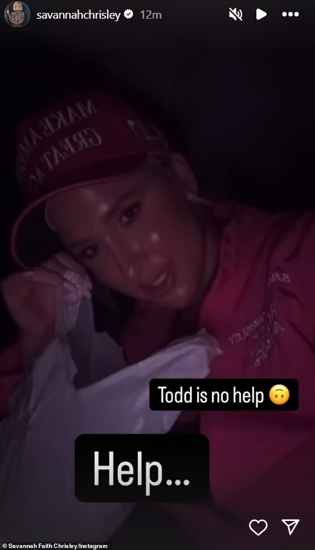 Todd could be heard laughing in the background as his daughter held a plastic bag under her chin. He later quipped: 'I didn't have to deal with this in prison!'