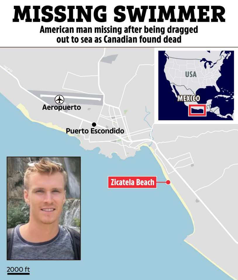 Illustration of missing swimmer: map of Zicatela Beach, Mexico, and photo of the man.