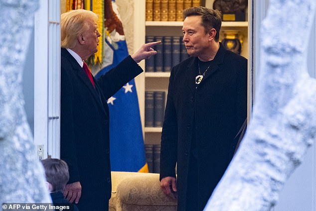 US President Donald Trump and Elon Musk (R) speak before departing the White House