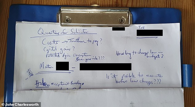 John Charlesworth had left a handwritten note referring to the inheritance tax change