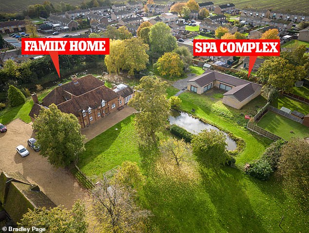 The home of Mrs Ingram-Moore and her husband (left) next to their unauthorised home spa (right) in their garden, which has been demolished after a planning row