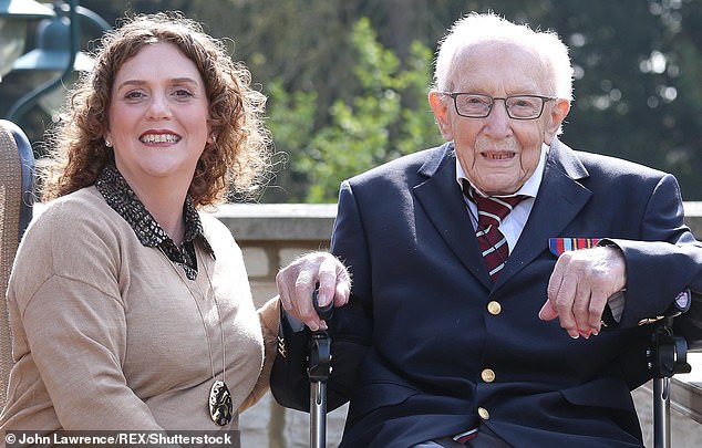 Hannah Ingram-Moore pictured with her late father Captain Tom Moore in the garden of his home near Milton Keynes in April 2020