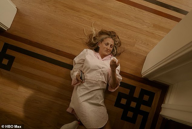 When Carrie returns home she proceeds to slip and fall while running to turn off her house alarm