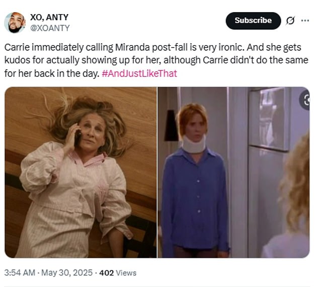 Fans noticed how the moment was a rework of season four when Miranda throws her neck out and gets stuck in her shower