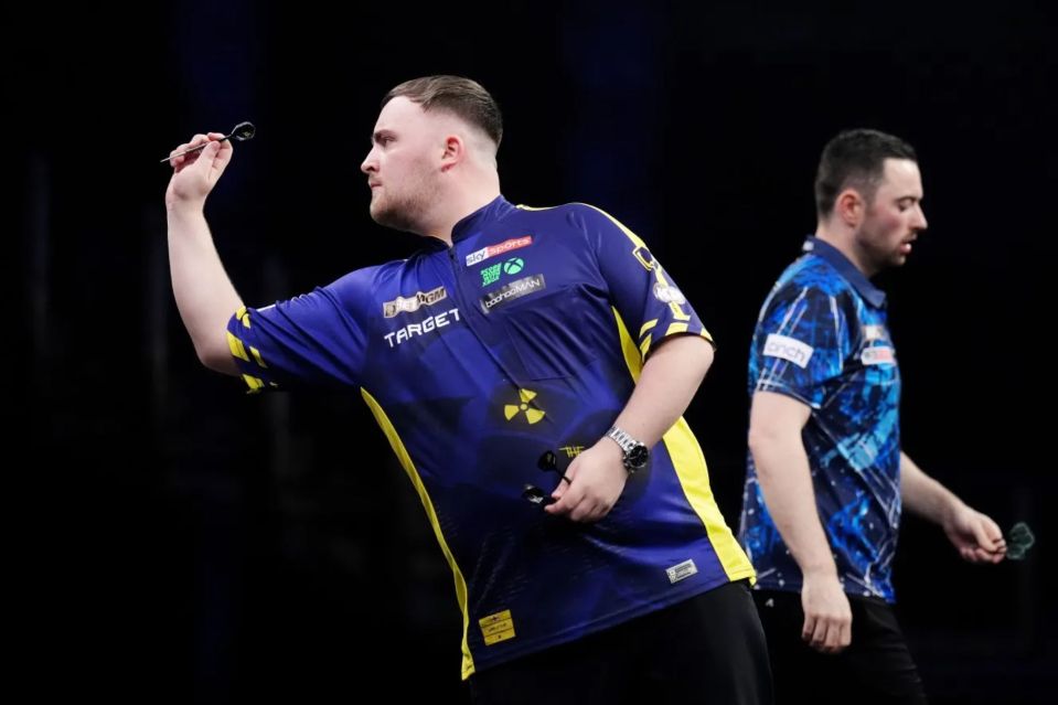 An image collage containing 1 images, Image 1 shows Luke Littler throwing a dart during a darts match