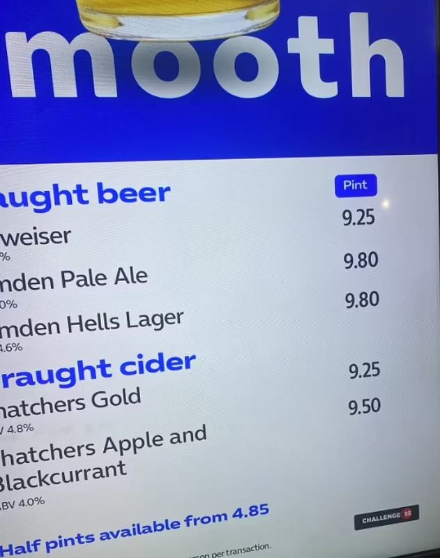 Menu showing beer and cider prices.
