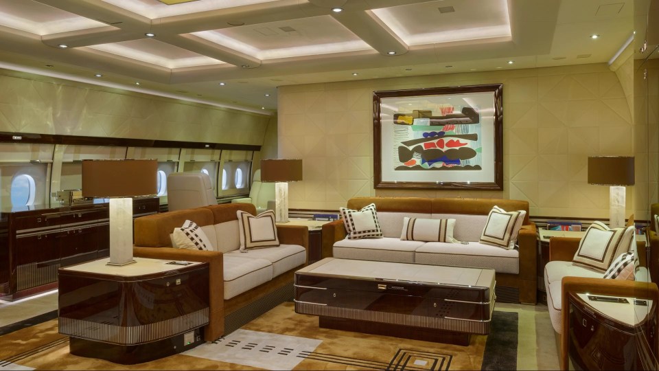 Luxurious lounge area on a private jet.