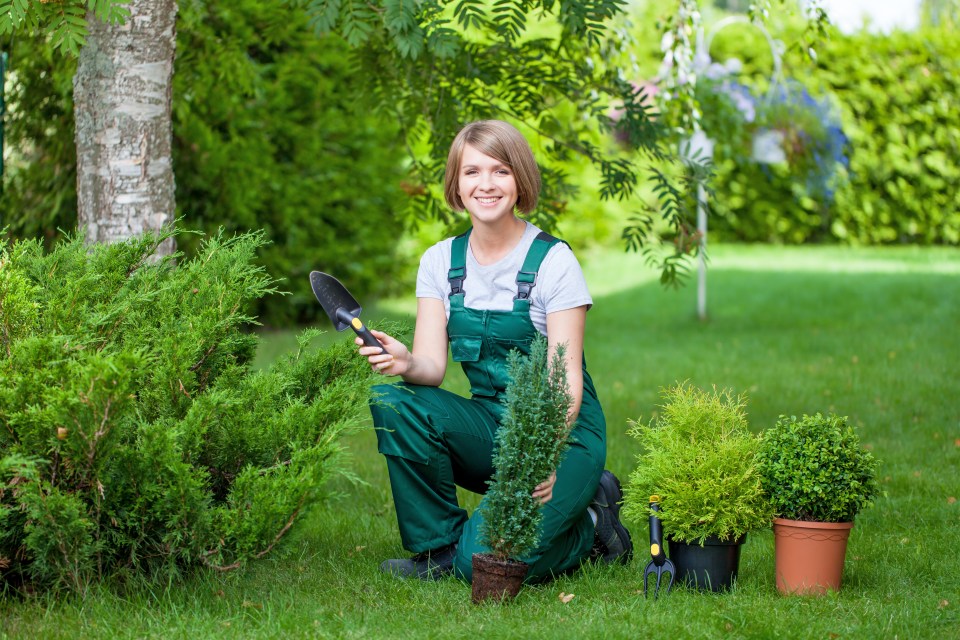 Smiling young woman planting trees in a garden.