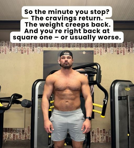 Man in gym, shirtless, with text overlay about weight loss.