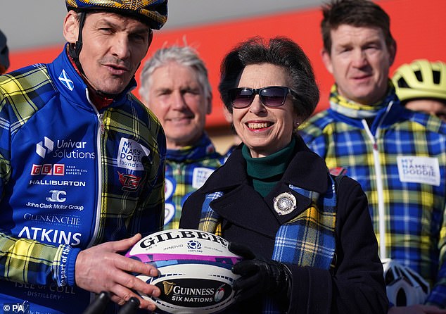 Princess Anne received lots of rugby balls (pictured with former Scotland captain Rob Wainwright)