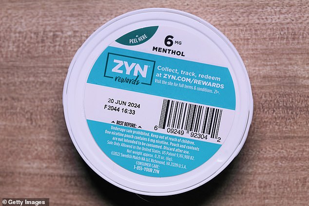 The Zyn pouches look like tiny tea bags filled with nicotine. Placed discretely between your lip and gum, the nicotine is absorbed directly into the bloodstream (stock image)