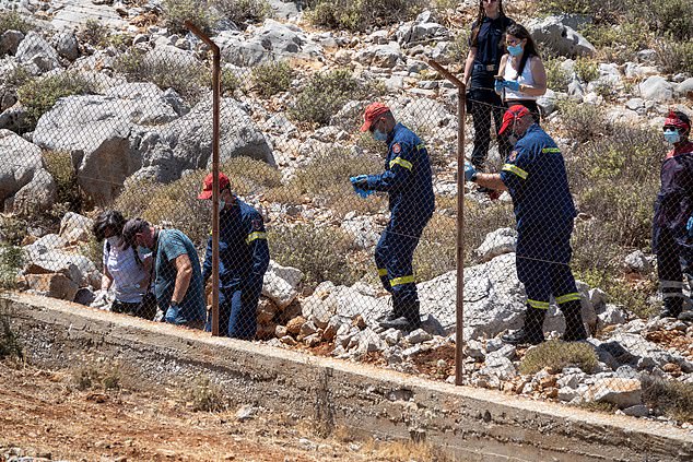 Emergency services at the site of where Dr Mosley's body was found in Symi
