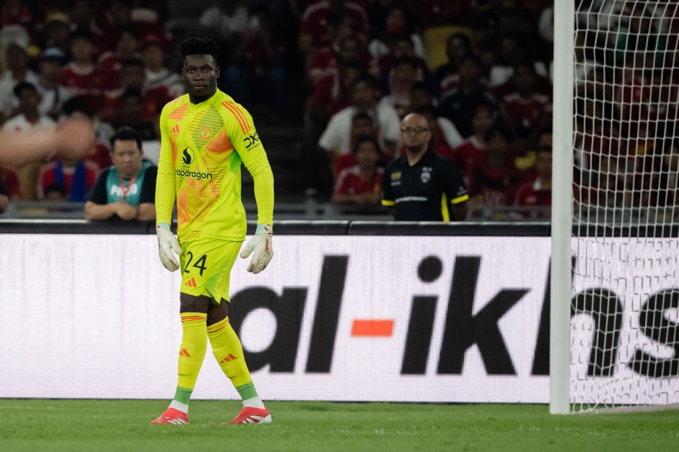 Andre Onana, Manchester United goalkeeper, on the field.