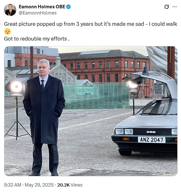 In a candid post this week, Eamonn took to social media to share an old photo of himself broadcasting which he captioned: 'Great picture popped up from 3 years [ago] but it's made me sad - I could walk. Got to redouble my efforts'