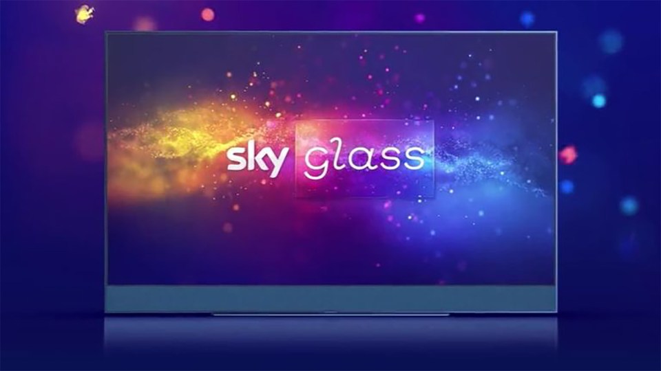 Sky Glass TV screen displaying the Sky Glass logo.