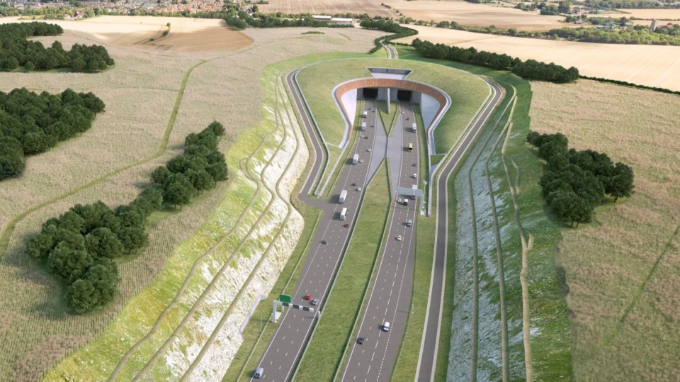Illustration of the Lower Thames Crossing, showing a highway with tunnels under a grassy hill.