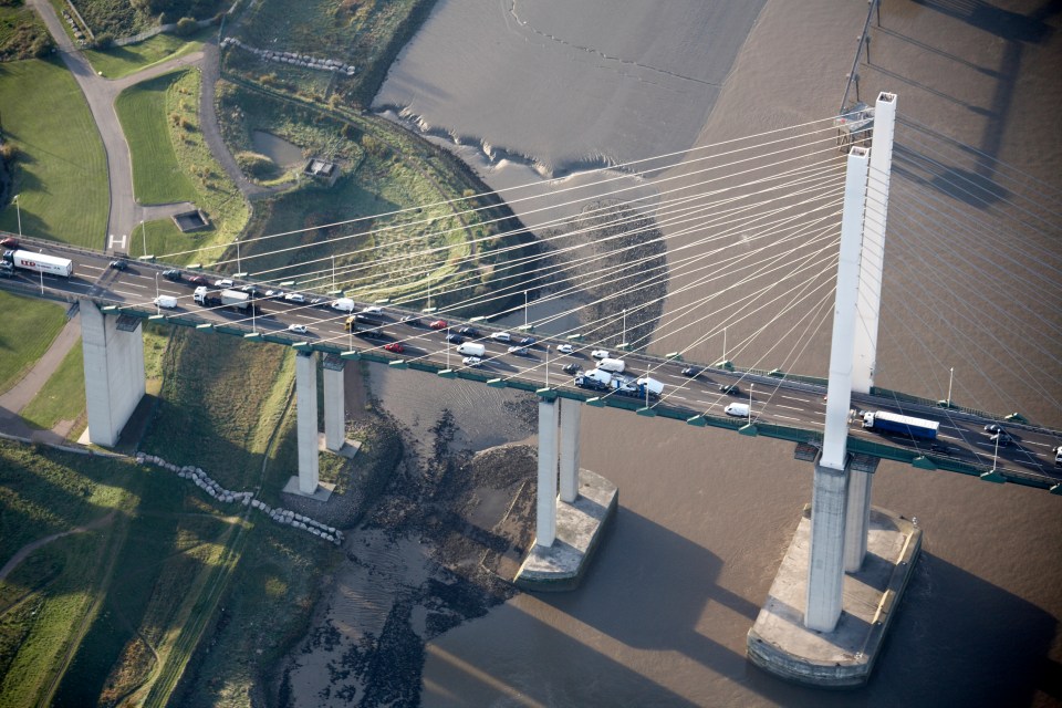 Aerial view of the Queen Elizabeth II Bridge in Dartford, England.