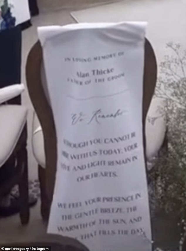 In a loving gesture to his late father Alan Thicke, Robin and April kept a seat in the front row empty. Alan died back in 2016 at the age of 69. Geary's video revealed that Alan's chair had 'In Loving Memory Of Alan Thicke' posted on the back of it