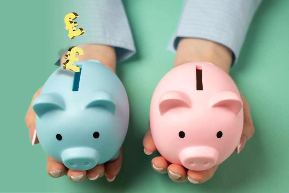 Two hands holding piggy banks; pound symbols are falling into one.