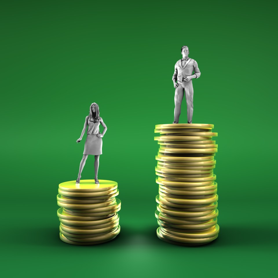 Illustration of a man and woman standing on stacks of coins of unequal height, illustrating the gender pay gap.