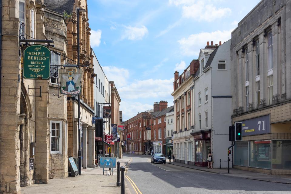 High Street in Grantham, Lincolnshire, England.