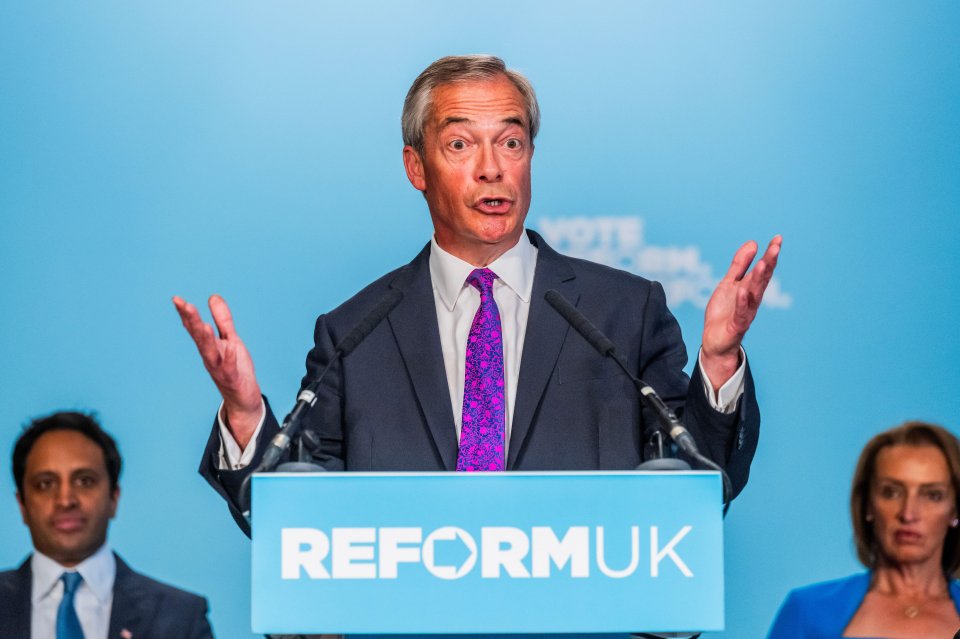 Nigel Farage of the Reform UK party at a press conference.