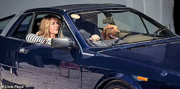 Lisa poses with a labrador in a jumper by Max Mara