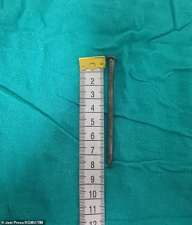 Pictured: the iron piece that had punctured the young boy's skin measured 8cm, equating to more than three inches. Dr Sandip Tiwari, who heads the trauma surgery department where the young boy was treated, described his recovery as 'nothing short of miraculous'