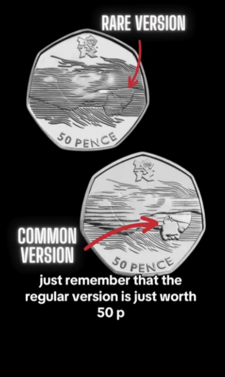 Comparison of rare and common versions of a 50 pence Olympic Aquatics coin.