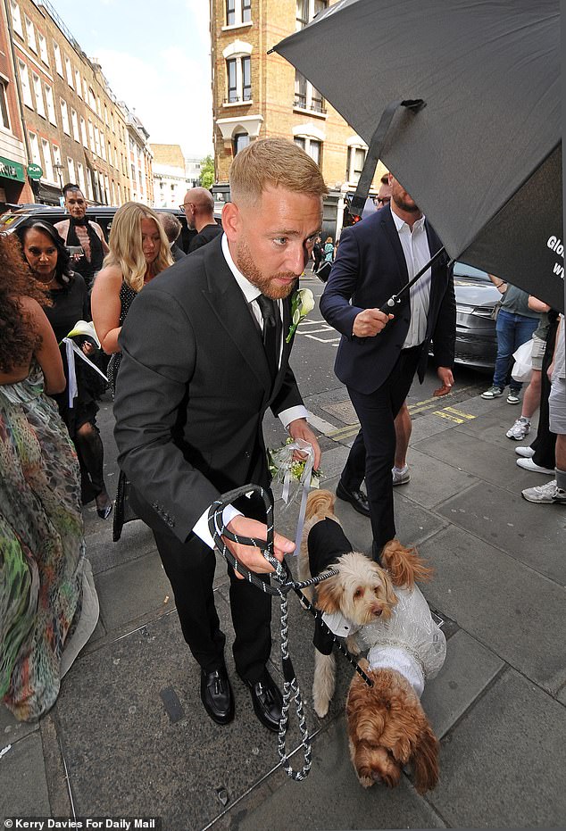 Some adorable pets had an extra special role on the day as they were pictured dressed in tuxedos and dresses and led into the chapel