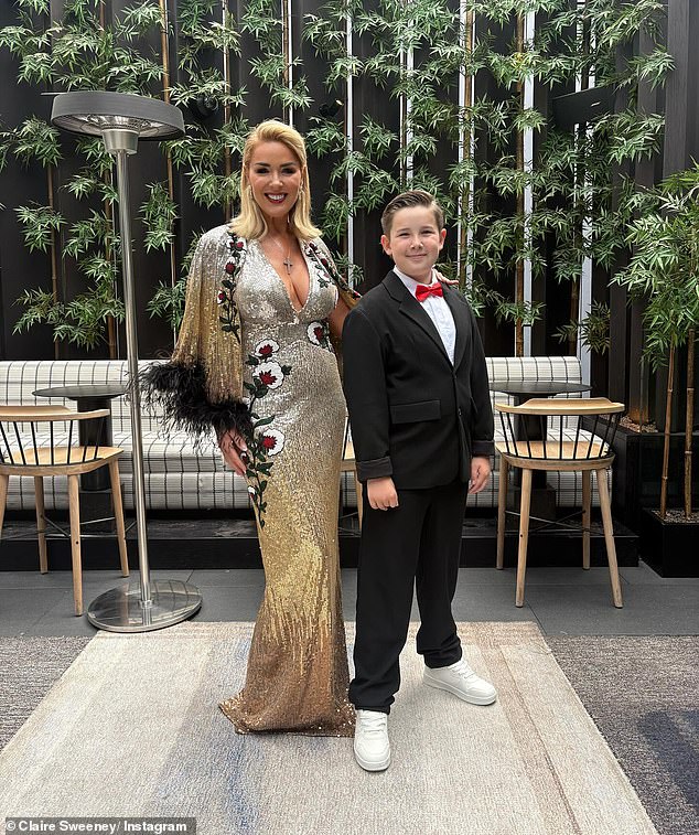 Claire cut a glamorous figure in a plunging silver sequinned gown embellished with floral patterns and waterfall feathered sleeves