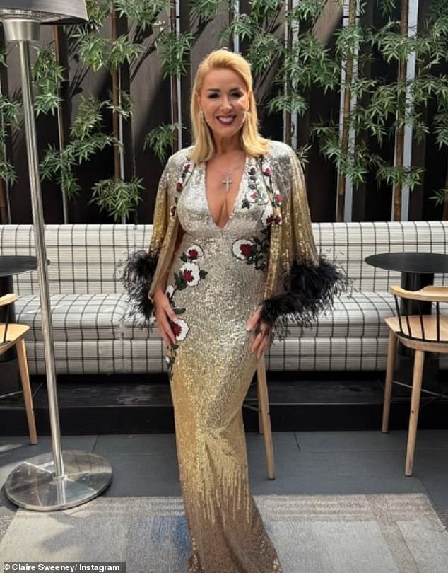 For the occasion, Claire cut a glamorous figure in a plunging silver sequinned gown embellished with floral patterns and waterfall feathered sleeves