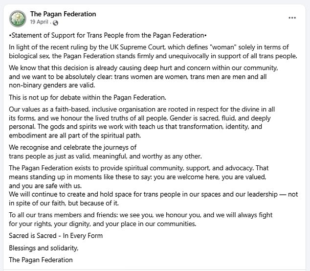The furious post, made after the Supreme Court ruling that trans women are not legally women, cited their 'unequivocal' support for trans people and belief that 'trans women are women, trans men are men and all non-binary genders are valid'