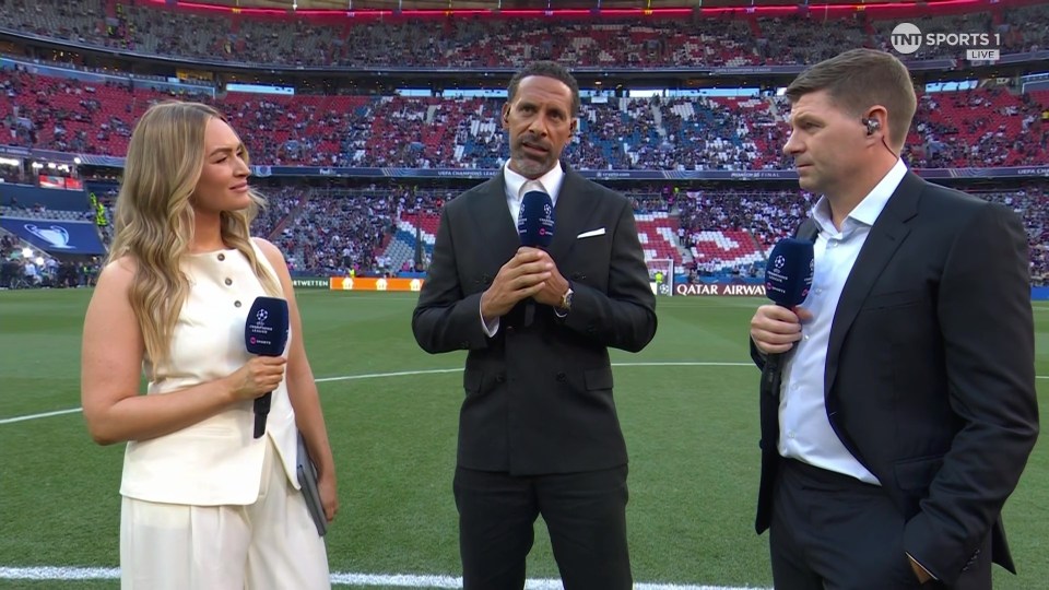 Laura Woods, Rio Ferdinand, and Steven Gerrard in a post-match interview.