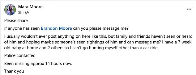 His wife, Mara, has issued a heartfelt plea for help in tracing Moore, who has not been seen since yesterday