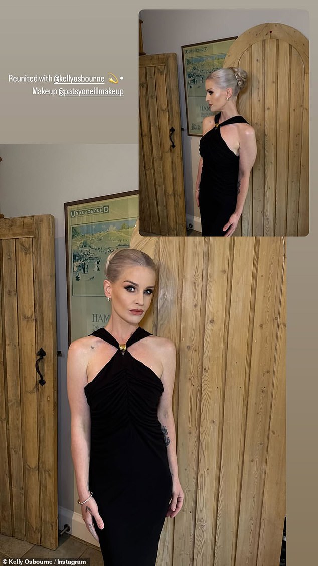 As she made her way into the wedding venue, Kelly flaunted her bold new look, slicking back her white blonde tresses into a chic up-do, whilst her floor length gown was cinched at her waist showing off her petite figure, toned arms and slender shoulders