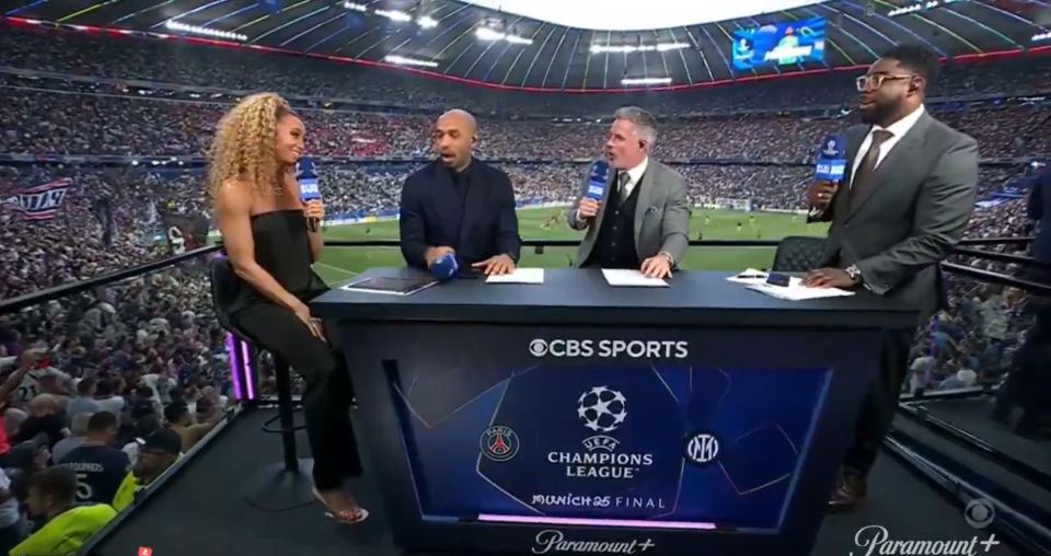 Kate Abdo, three male commentators, and a Champions League Final backdrop.