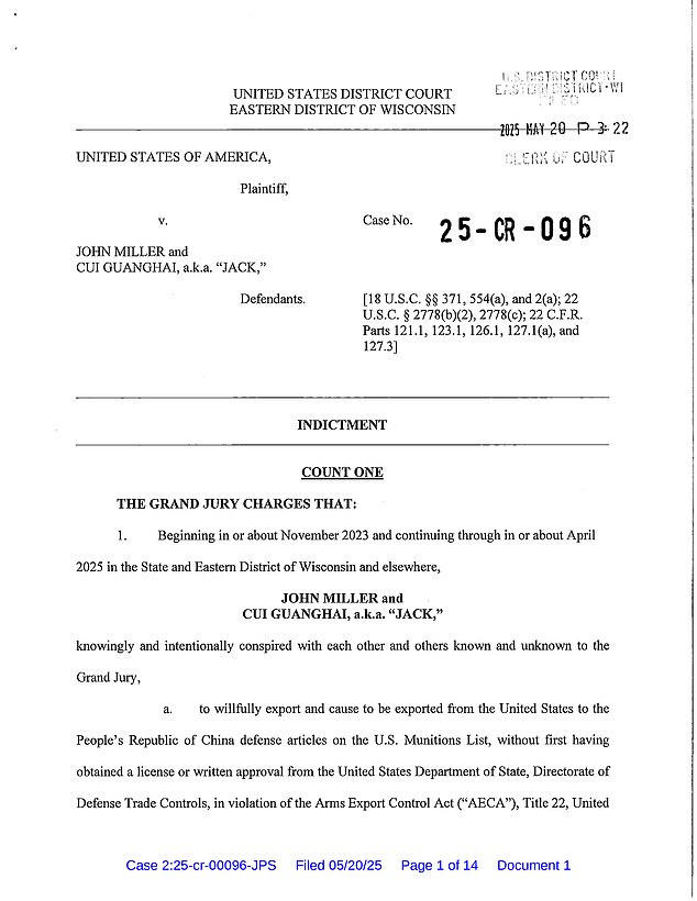 A copy of the indictment against John Miller and Cui Guanghai who is also known as 'Jack'