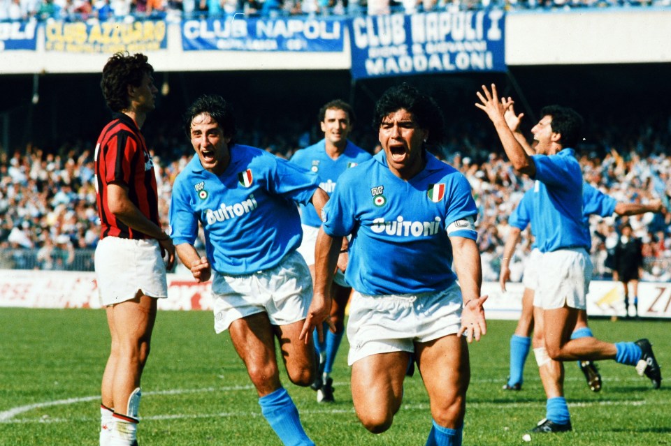 Diego Maradona of Napoli celebrating a goal.