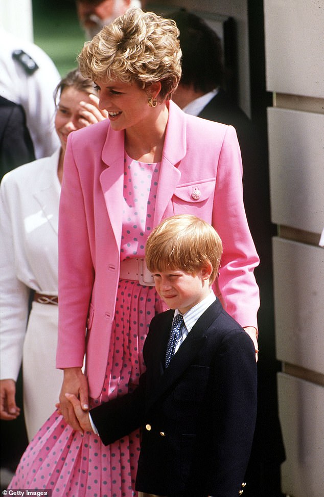 Prince Harry holds his mother's hand at Clarence House on the Queen Mother's 92nd birthday in 1992