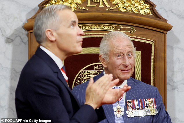 Canadian Prime Minister Mark Carney alongside King Charles at the opening of parliament