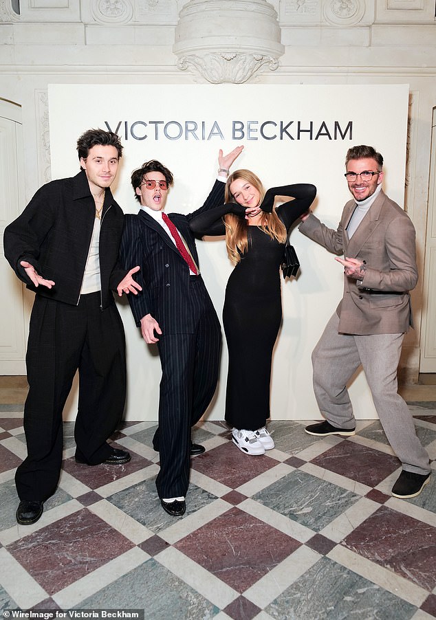 Brooklyn Beckham, Cruz Beckham, Harper Beckham and David Beckham arrive at the Victoria Beckham AW24 show during Paris Fashion Week in 2024